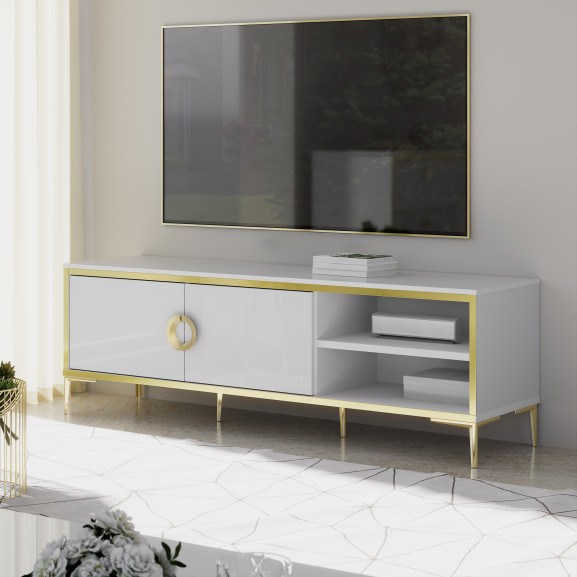 Comoda Tv Glamour, Alb Si Alb Super Lucios 159.2 Cm