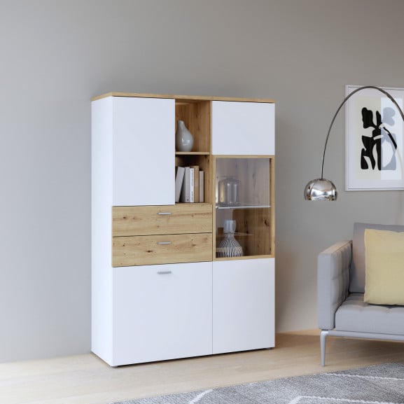 Vitrina Joasa Lokka Stejar Artisan Si Alb, 110.1 Cm