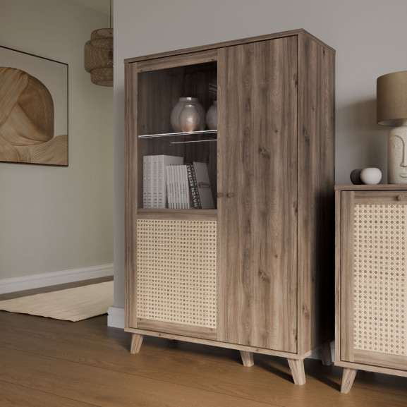 Vitrina Joasa Glowkiss, Stejar Valencia Si Ratan Natural, 99.5Cm