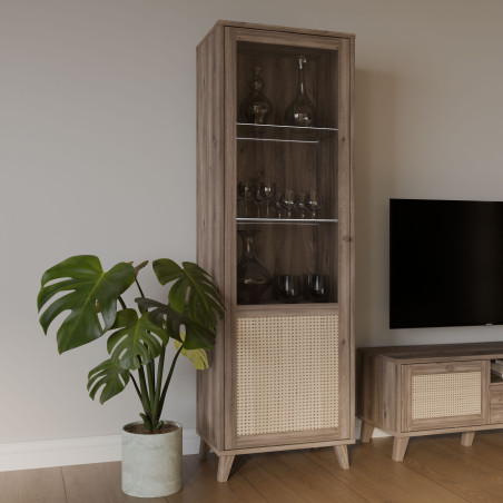 Vitrina Inalta Glowkiss, Stejar Valencia Si Ratan Natural, 64.8 Cm-01