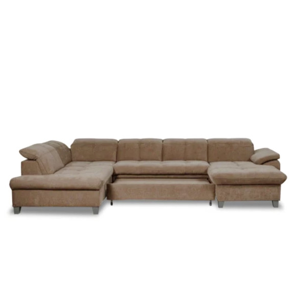 Coltar U Extensibil Sevilia Lux, Stanga, 6 Locuri, Tetiere Reglabile, Maro Deschis, 355 Cm