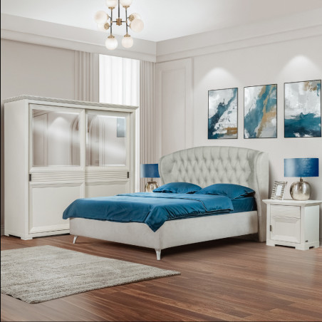 Set Dormitor Verona Bianco Cu Pat Tapitat, Dimensiune saltea 160 X 200 Cm, 2 Noptiere Si Dulap-01
