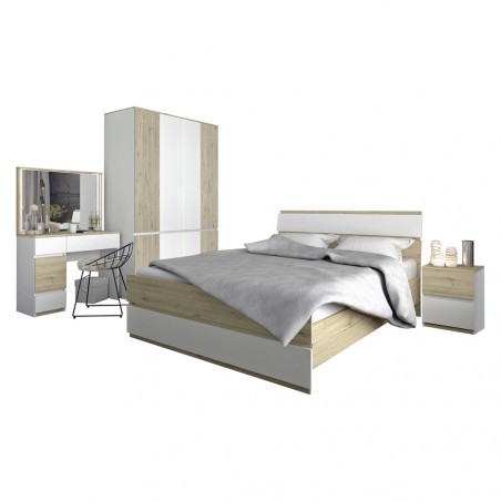 Dormitor Lara, Stejar Sonoma Si Alb, Pat Cu Dimensiunea Saltelei 160 x 200 Cm, Dulap, 2 Noptiere si Comoda-01