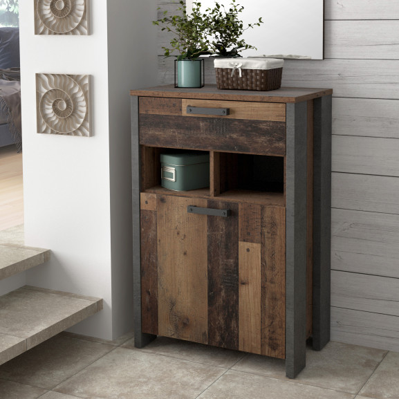 Comoda Clif Lemn vintage si beton optic gri inchis 67 Cm