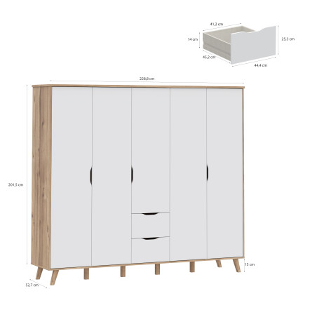 Dulap 5 Usi Vankka, Stejar pardosit si Alb, 228.8 Cm-01