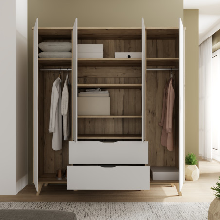 Dulap 4 Usi Vankka, Stejar pardosit si Alb, 184.1 Cm-01