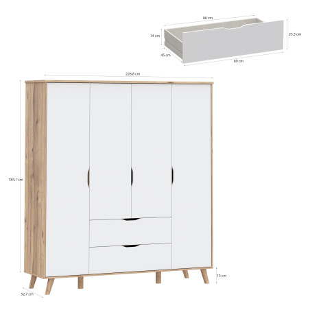Dulap 4 Usi Vankka, Stejar pardosit si Alb, 184.1 Cm-01