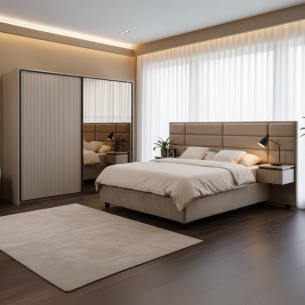 Set Dormitor Destiny, Pat Cu Dimensiune saltea 160 X 200 Cm, 2 Noptiere Si Dulap, Somiera Rabatabila