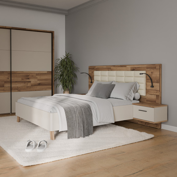 Pat Rocco, Dimensiune Saltea 160 x 200 Cm, Cu Noptiere, Stejar pardosit si nisip