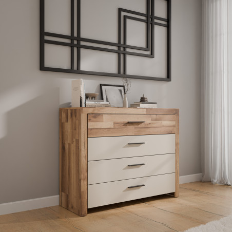 Comoda Cu 4 Sertare Rocco, Stejar pardosit si Nisip, 111 Cm-01