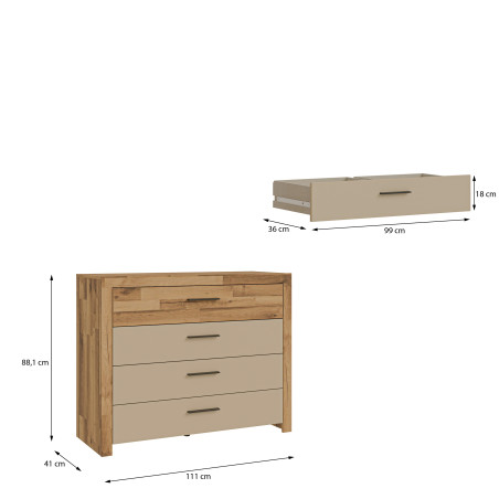 Comoda Cu 4 Sertare Rocco, Stejar pardosit si Nisip, 111 Cm-01