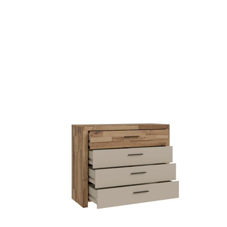 Comoda Cu 4 Sertare Rocco, Stejar pardosit si Nisip, 111 Cm-01