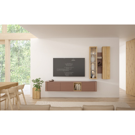 Comoda Tv Mare Bibliotheque, Terracotta si stejar Mauvella, 215 Cm-01