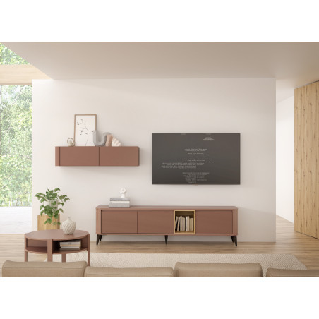 Comoda Tv Mare Bibliotheque, Terracotta si stejar Mauvella, 215 Cm-01