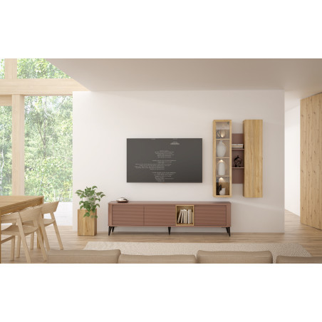 Vitrina Suspendata Bibliotheque, usi cu soft-close, Terracotta si stejar Mauvella, 84.2 Cm-01