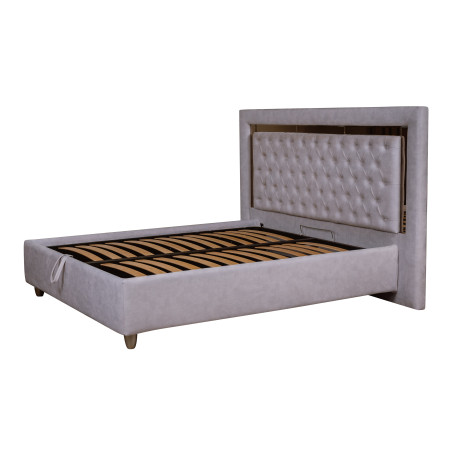 Pat Tapitat Phoenix, Dimensiune Saltea 140 x 200 Cm, Cu Somiera Rabatabila, Alb Murdar-01