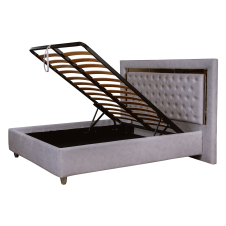 Pat Tapitat Phoenix, Dimensiune Saltea 140 x 200 Cm, Cu Somiera Rabatabila, Alb Murdar-01