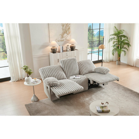 Canapea Siesta 3 Locuri, Recliner, Catifea Raiat Crem, 227 Cm-01