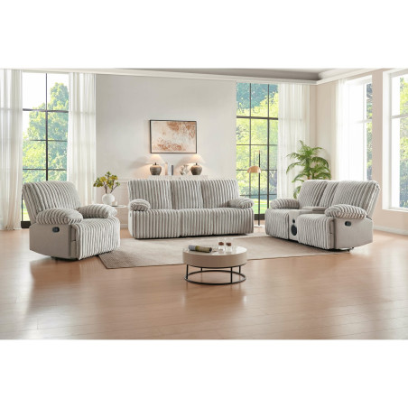 Canapea Siesta 3 Locuri, Recliner, Catifea Raiat Crem, 227 Cm-01