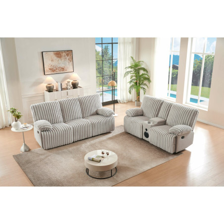 Canapea Siesta 3 Locuri, Recliner, Catifea Raiat Crem, 227 Cm-01