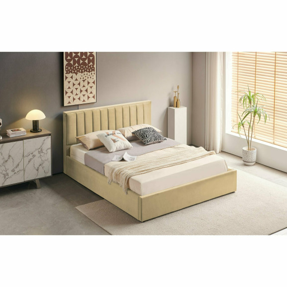 Pat Tapitat Blanca, Dimensiune Saltea 140 x 200 Cm, Somiera Rabatabila, Lada Depozitare, Bej