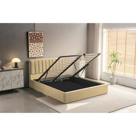 Pat Tapitat Blanca, Dimensiune Saltea 160 x 200 Cm, Somiera Rabatabila, Lada Depozitare, Bej-01