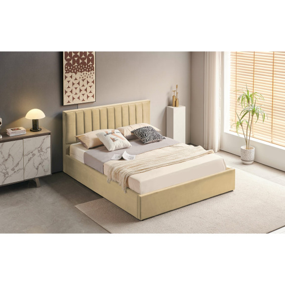 Pat Tapitat Blanca, Dimensiune Saltea 160 x 200 Cm, Somiera Rabatabila, Lada Depozitare, Bej