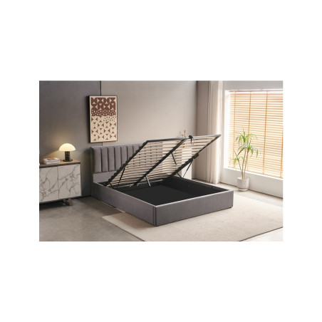 Pat Tapitat Blanca, Dimensiune Saltea 140 x 200 Cm, Somiera Rabatabila, Lada Depozitare, Gri-01