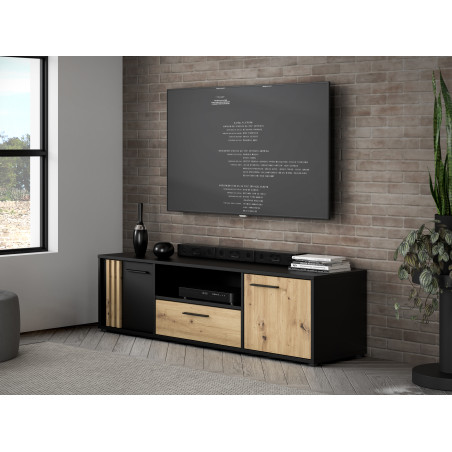 Comoda Tv Mare Cordega, Negru Si stejar Artisan, 162.6 Cm-01
