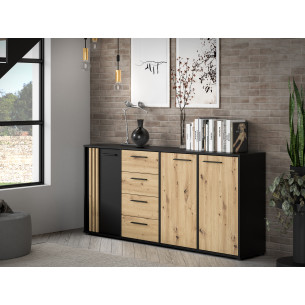 Comoda 3 Usi Si 4 Sertare Cordega Negru Si Stejar Artisan, 179.4 Cm