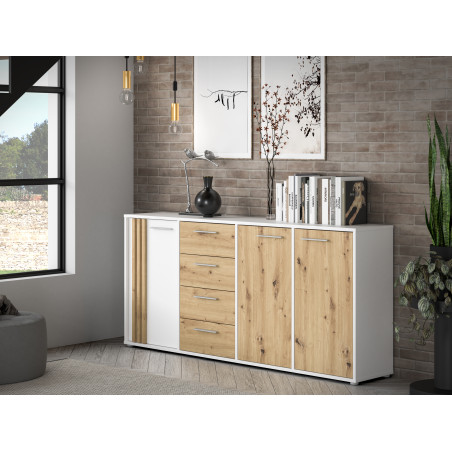 Comoda 3 Usi Si 4 Sertare Cordega Alb Si Stejar Artisan, 179.4 Cm-01