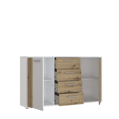 Comoda 2 Usi Si 4 Sertare Cordega  Alb Si Stejar Artisan, 142.6 Cm-01