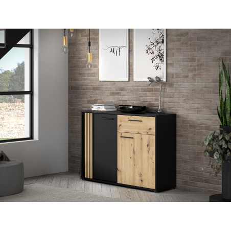 Comoda 2 Usi Si 1 Sertar Cordega Negru Si Stejar Artisan, 115.8 Cm-01