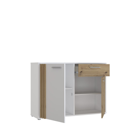 Comoda 2 Usi Si 1 Sertar Cordega Alb Si Stejar Artisan, 115.8 Cm-01