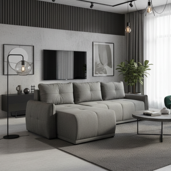 Coltar Extensibil Stanga Joy, Lada Depozitare, Gri, 254 Cm