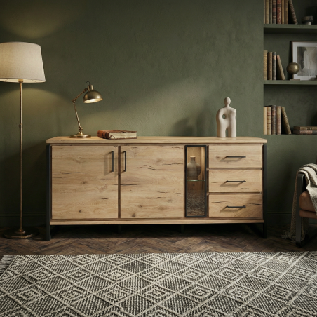 Bufet Cu 2 Usi Si 3 Sertare Reno Smoked Oak, Furnir Din Lemn Masiv, 200 Cm-01