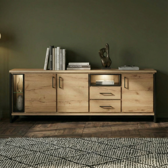 Bufet Reno 235.1x45x82 cm, Furnir Lemn Stejar Afumat si Negru, Mobila Sufragerie, 3 Usi 2 Sertare, Inchidere Silentioasa