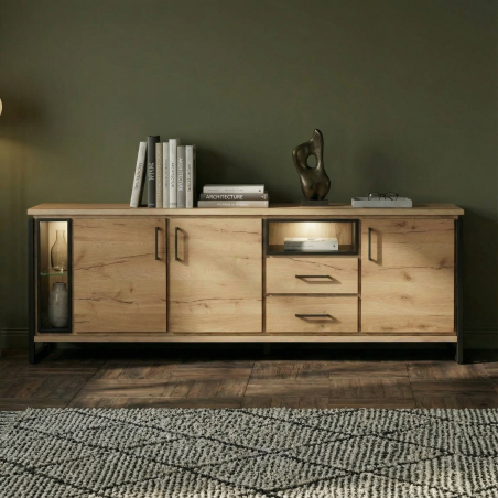 Bufet Reno 235.1x45x82 cm, Furnir Lemn Stejar Afumat si Negru, Mobila Sufragerie, 3 Usi 2 Sertare, Inchidere Silentioasa-01