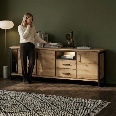 Bufet Reno 235.1x45x82 cm, Furnir Lemn Stejar Afumat si Negru, Mobila Sufragerie, 3 Usi 2 Sertare, Inchidere Silentioasa-01