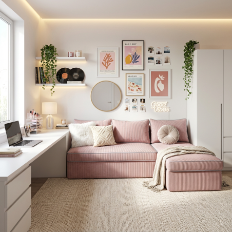 Coltar Extensibil Cu Lada New Modulo, Interschimbabil Stanga/Dreapta, Roz Pudra, 220 x 80 x 155 Cm-01