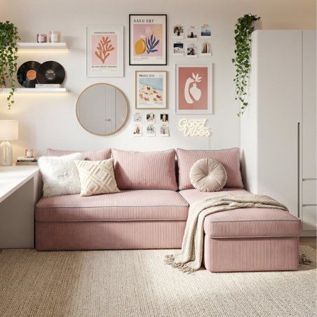 Coltar Extensibil Cu Lada New Modulo, Interschimbabil Stanga/Dreapta, Roz Pudra, 220 x 80 x 155 Cm-01