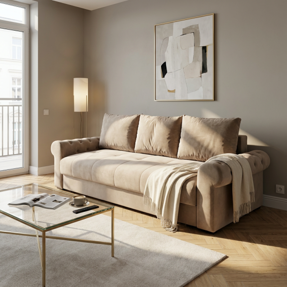 Canapea Extensibila Trendy, 3 Locuri, Lada Depozitare, Bej, 243 Cm