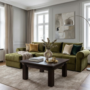 Coltar Extensibil Stanga Trendy, 5 Locuri, Lada Depozitare, Verde, 275 Cm