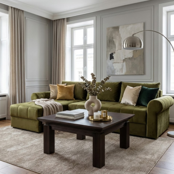 Coltar Extensibil Stanga Trendy, 5 Locuri, Lada Depozitare, Verde, 275 Cm