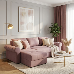 Coltar Extensibil Stanga Trendy, 5 Locuri, Lada Depozitare, Roz, 275 Cm