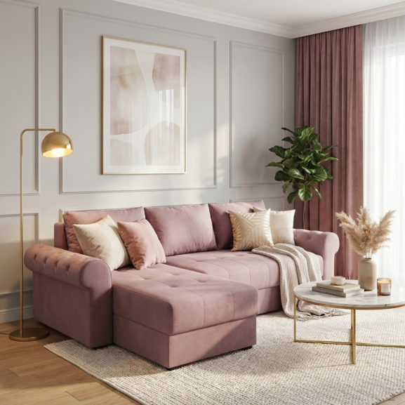 Coltar Extensibil Stanga Trendy, 5 Locuri, Lada Depozitare, Roz, 275 Cm