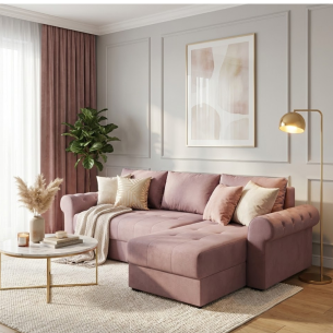 Coltar Extensibil Dreapta Trendy, 5 Locuri, Lada Depozitare, Roz, 275 Cm