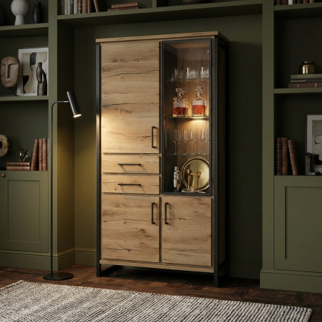 Vitrina Cu 3 Usi Si 2 Sertare Reno, Smoked Oak, Furnir Din Lemn Masiv, 100 Cm-01