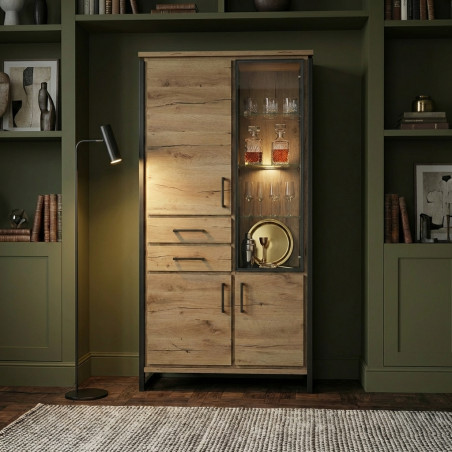 Vitrina Cu 3 Usi Si 2 Sertare Reno, Smoked Oak, Furnir Din Lemn Masiv, 100 Cm-01