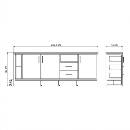 Bufet Reno 235.1x45x82 cm, Furnir Lemn Stejar Afumat si Negru, Mobila Sufragerie, 3 Usi 2 Sertare, Inchidere Silentioasa-01